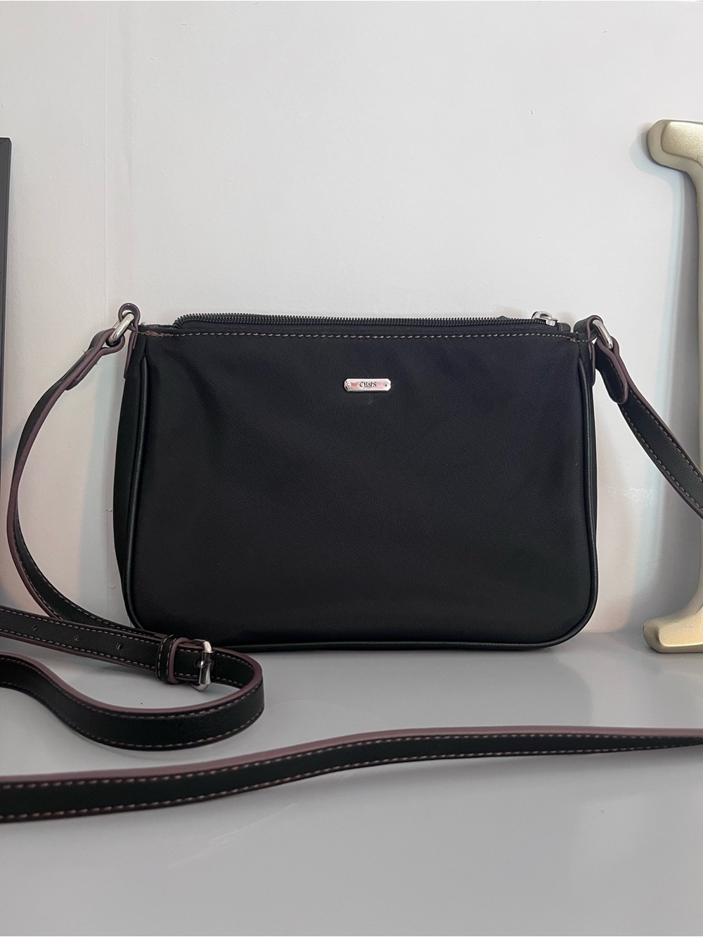 Chaps Black Crossbody Bag Adjustable Strap Multi Compartment